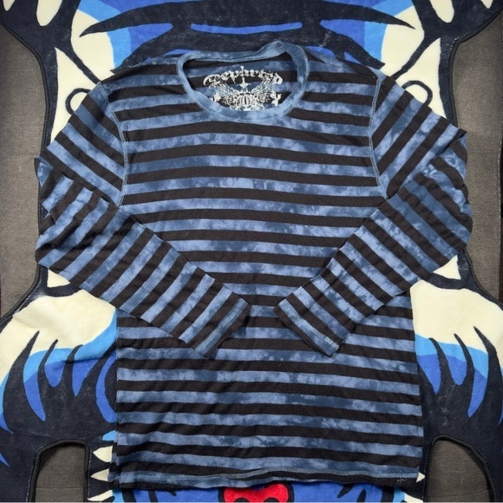 Y2K VTG Departed Blue and Black Striped Shirt Size M